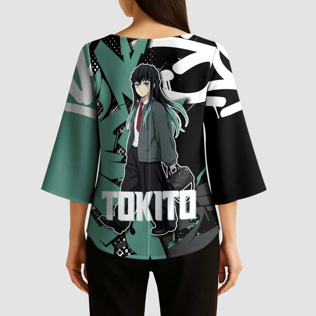 Muichiro Tokito Demon Slayer Kimono Sleeve Blouse Teal & Black Graffiti Anime