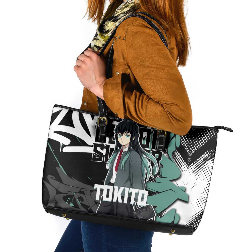 Muichiro Tokito Demon Slayer Leather Tote Bag Teal & Black Graffiti Anime