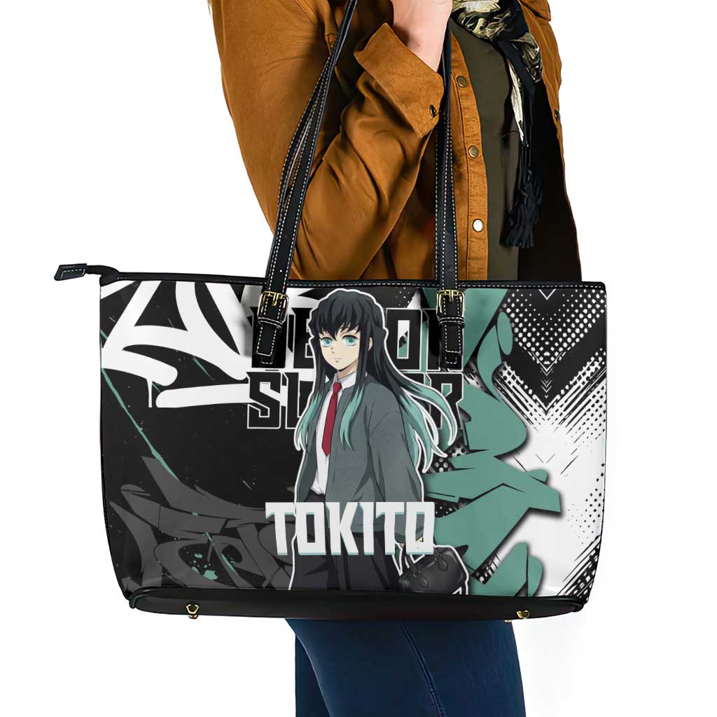 Muichiro Tokito Demon Slayer Leather Tote Bag Teal & Black Graffiti Anime