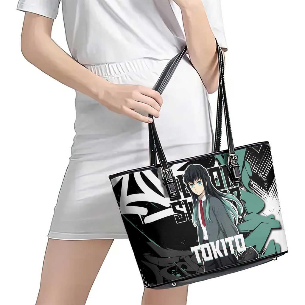 Muichiro Tokito Demon Slayer Leather Tote Bag Teal & Black Graffiti Anime