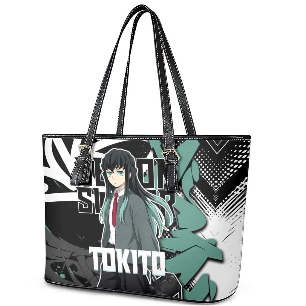 Muichiro Tokito Demon Slayer Leather Tote Bag Teal & Black Graffiti Anime