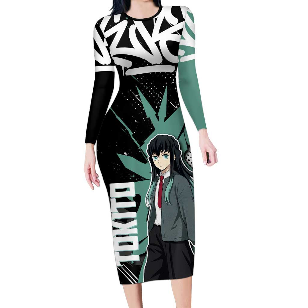 Muichiro Tokito Demon Slayer Long Sleeve Bodycon Dress Teal & Black Graffiti Anime