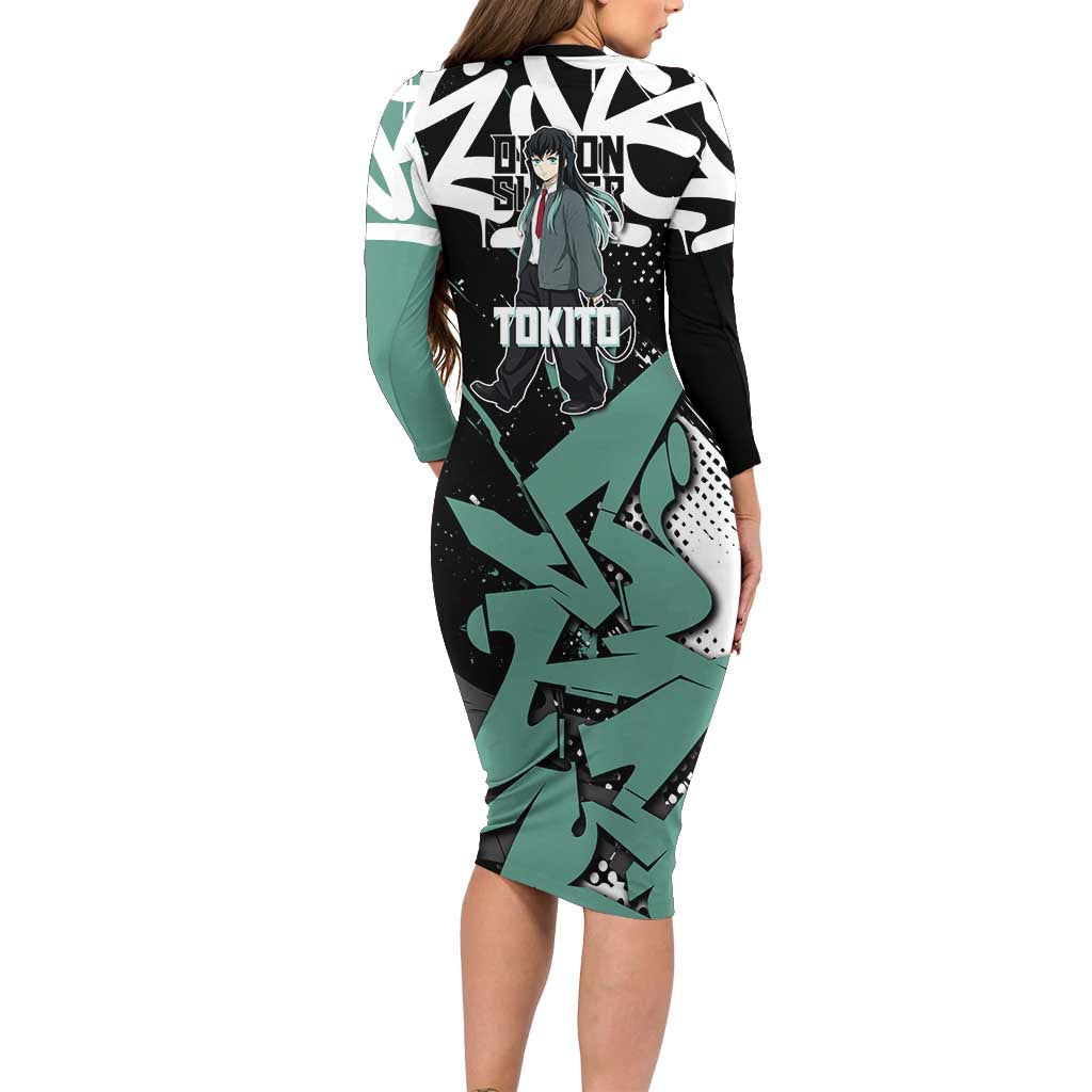 Muichiro Tokito Demon Slayer Long Sleeve Bodycon Dress Teal & Black Graffiti Anime
