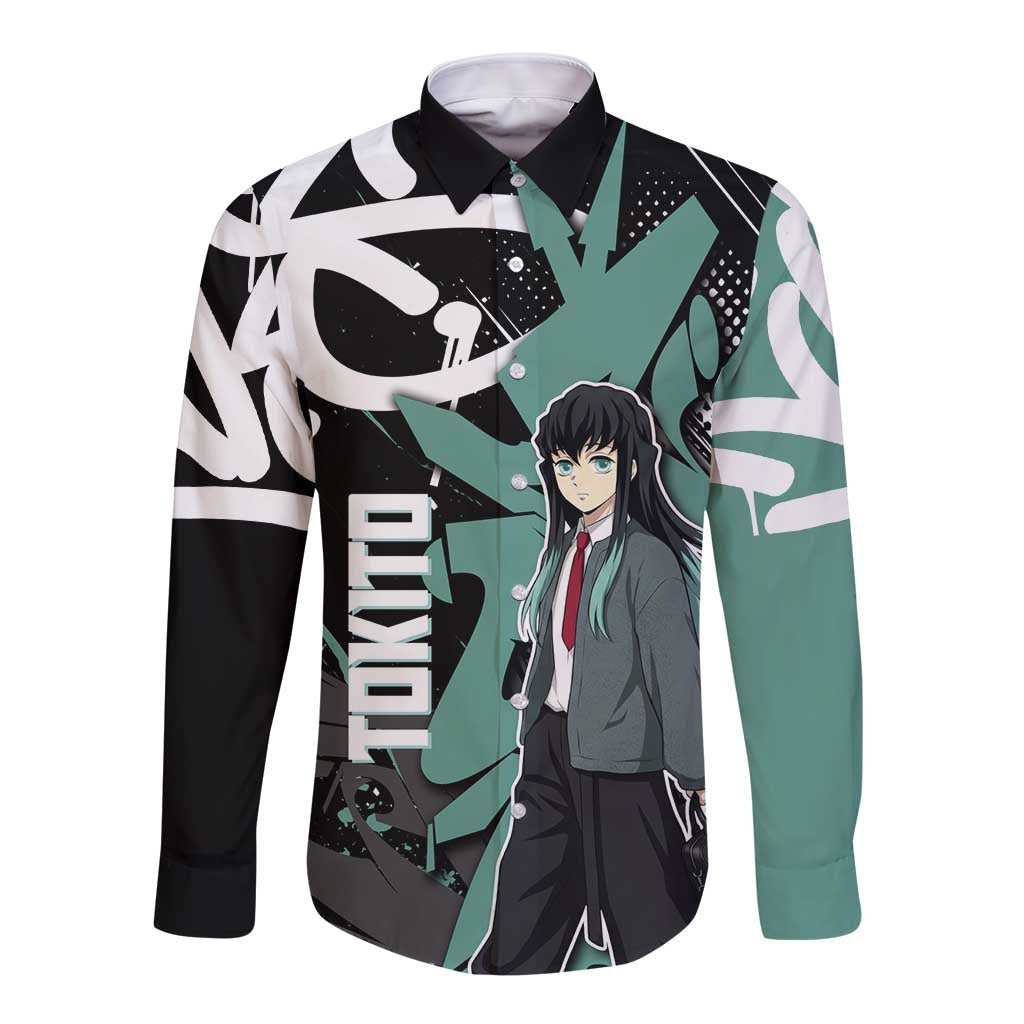 Muichiro Tokito Demon Slayer Long Sleeve Button Shirt Teal & Black Graffiti Anime
