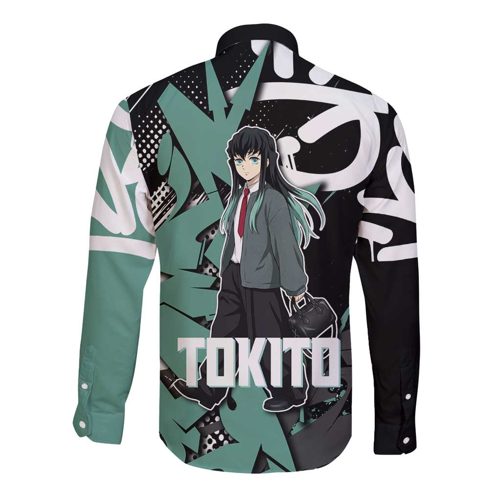 Muichiro Tokito Demon Slayer Long Sleeve Button Shirt Teal & Black Graffiti Anime