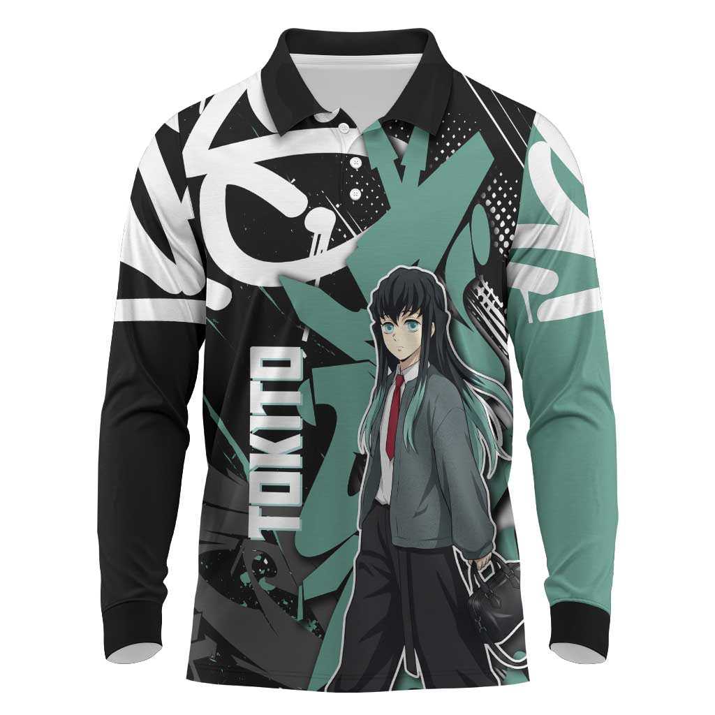 Muichiro Tokito Demon Slayer Long Sleeve Polo Shirt Teal & Black Graffiti Anime
