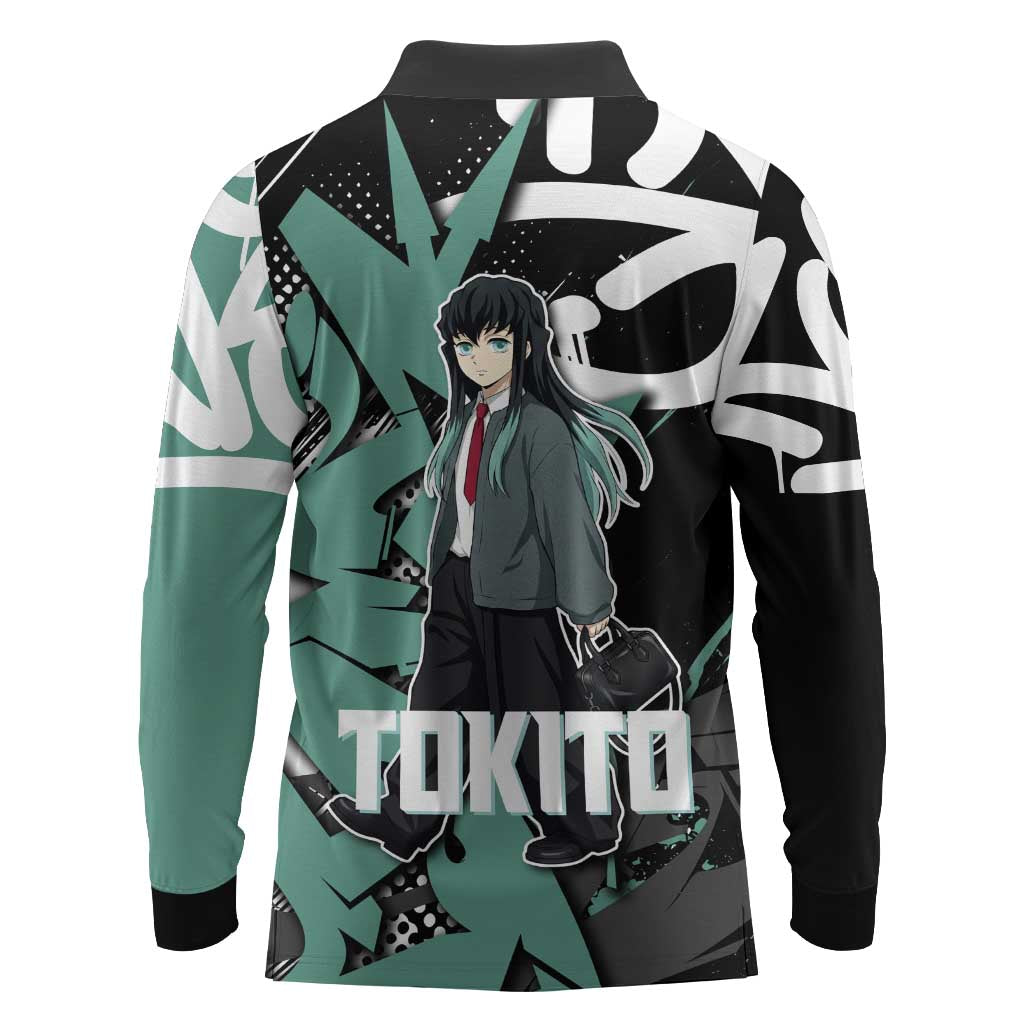 Muichiro Tokito Demon Slayer Long Sleeve Polo Shirt Teal & Black Graffiti Anime