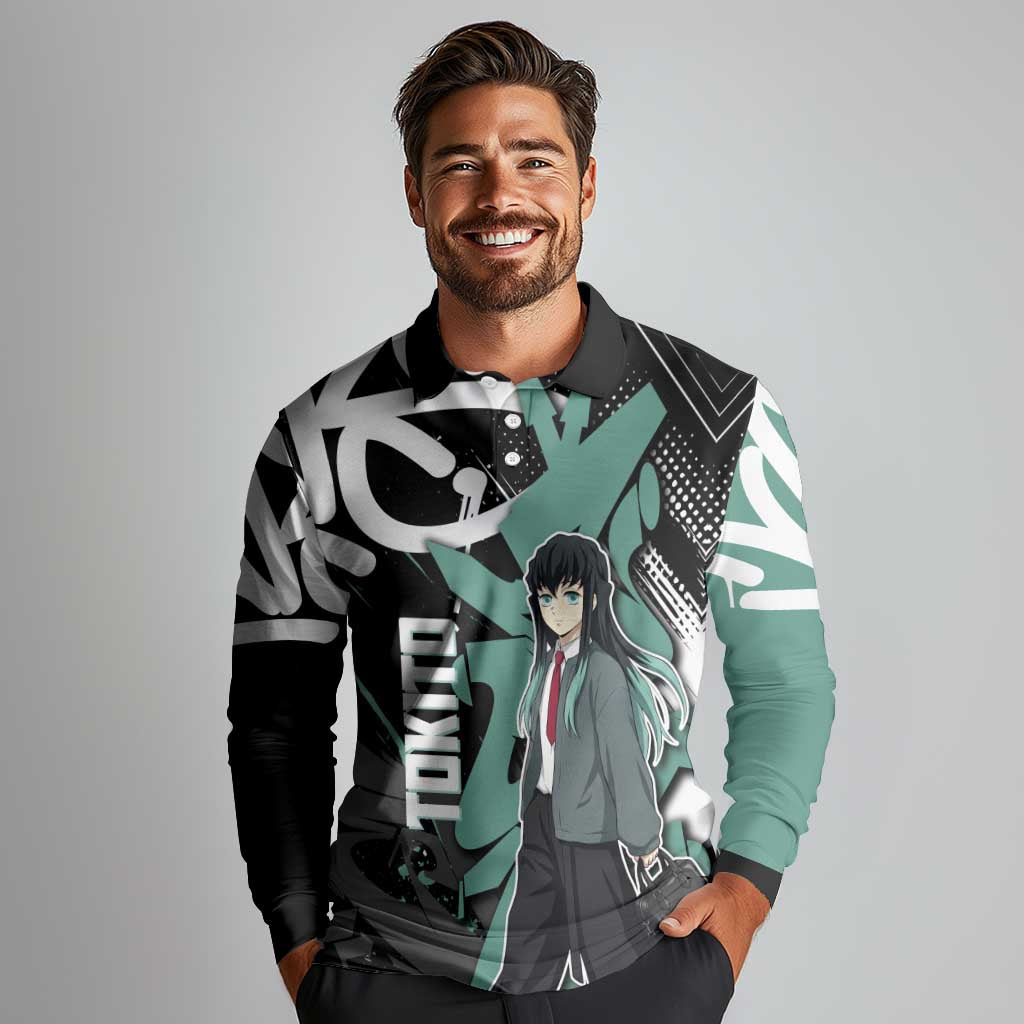 Muichiro Tokito Demon Slayer Long Sleeve Polo Shirt Teal & Black Graffiti Anime