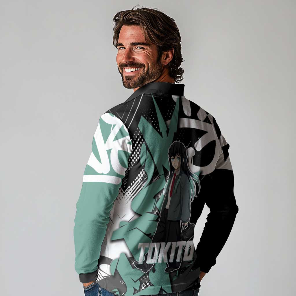 Muichiro Tokito Demon Slayer Long Sleeve Polo Shirt Teal & Black Graffiti Anime