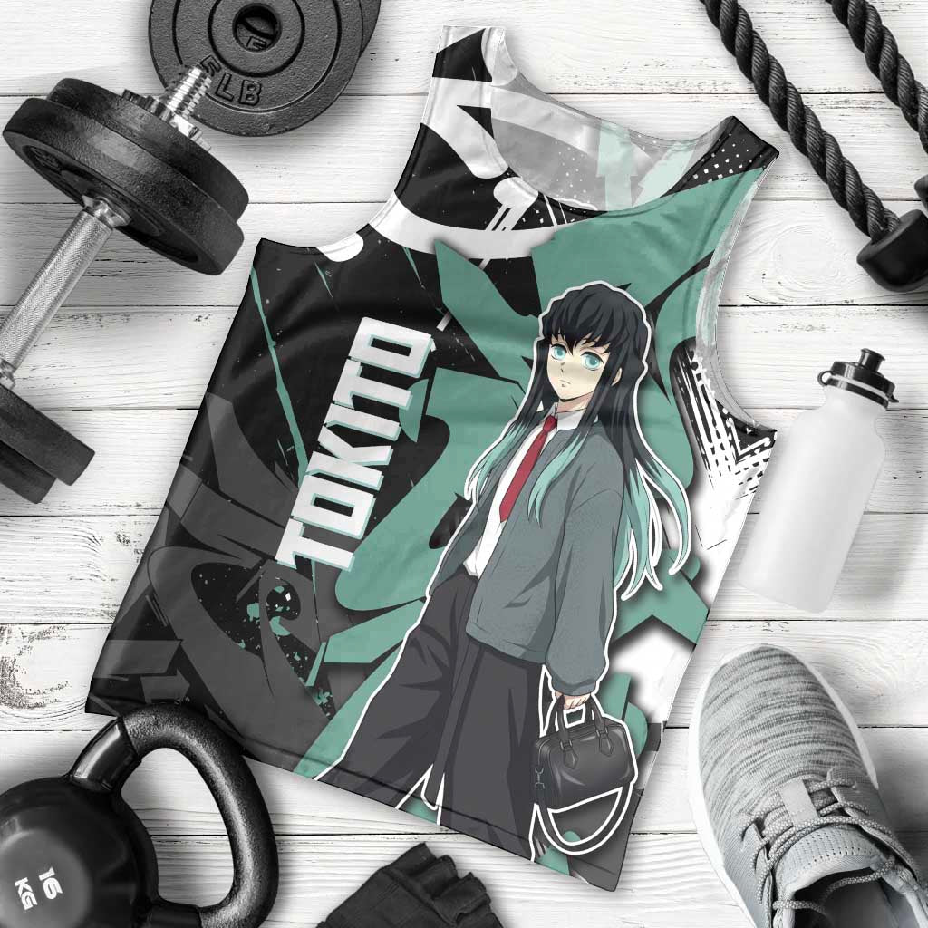 Muichiro Tokito Demon Slayer Men Tank Top Teal & Black Graffiti Anime
