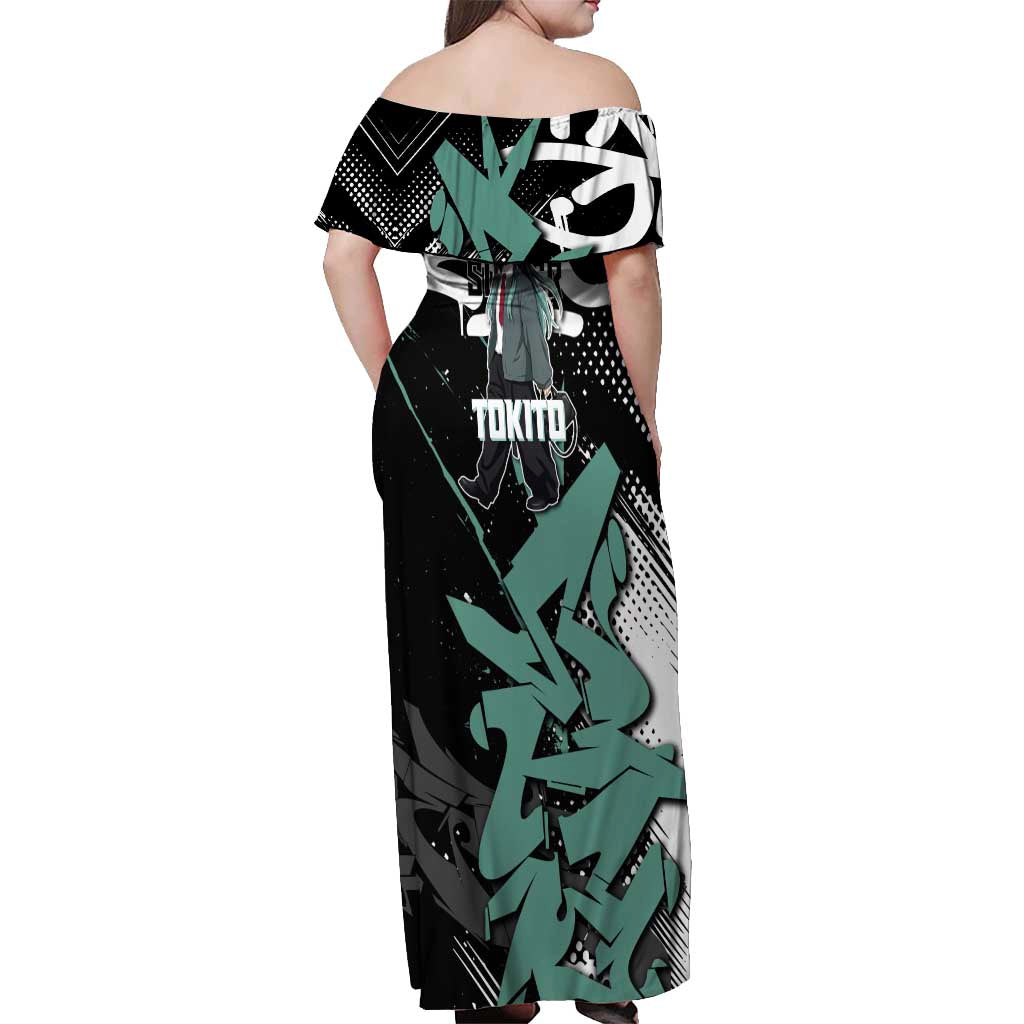 Muichiro Tokito Demon Slayer Off Shoulder Maxi Dress Teal & Black Graffiti Anime