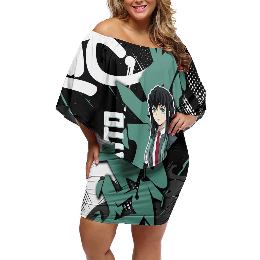 Muichiro Tokito Demon Slayer Off Shoulder Short Dress Teal & Black Graffiti Anime