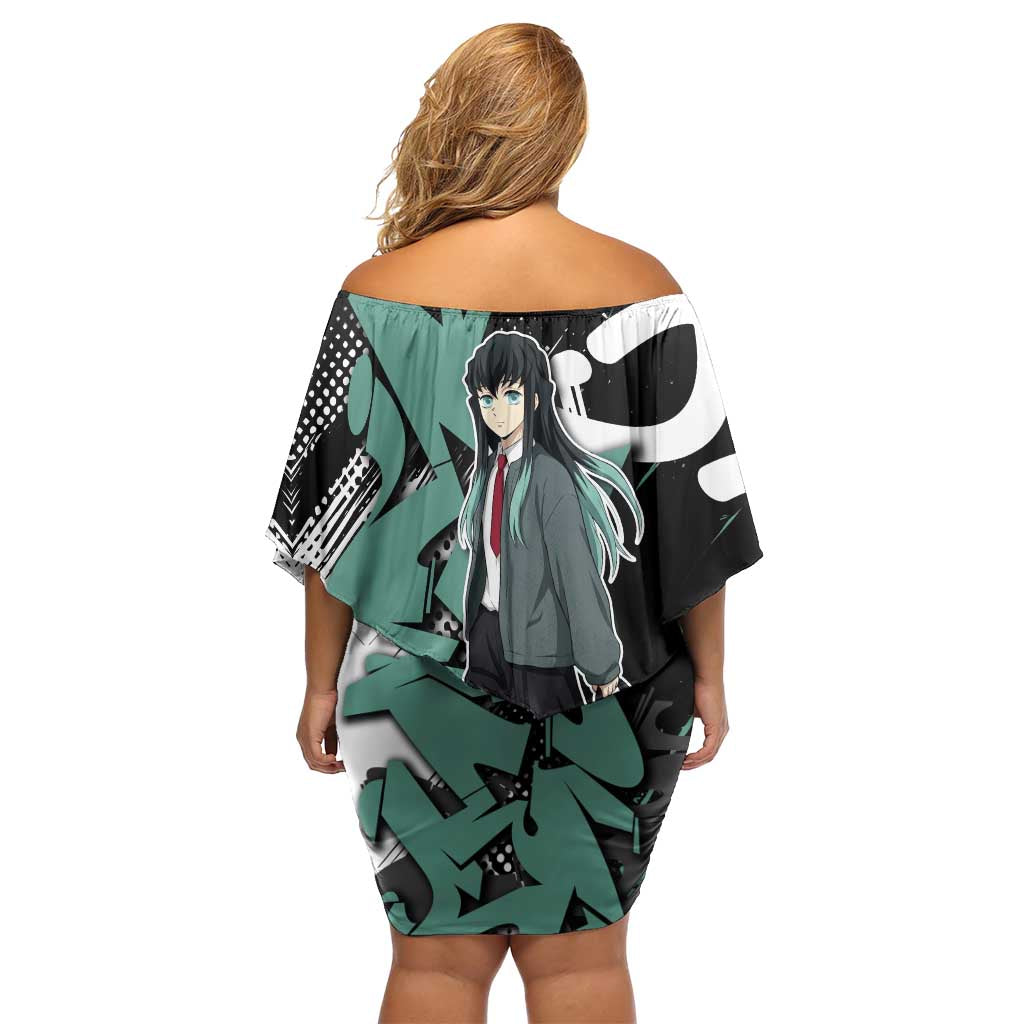 Muichiro Tokito Demon Slayer Off Shoulder Short Dress Teal & Black Graffiti Anime