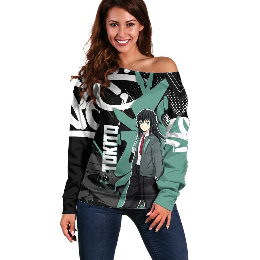 Muichiro Tokito Demon Slayer Off Shoulder Sweater Teal & Black Graffiti Anime
