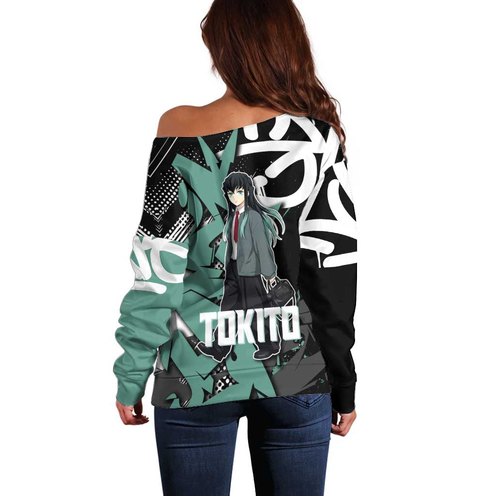 Muichiro Tokito Demon Slayer Off Shoulder Sweater Teal & Black Graffiti Anime