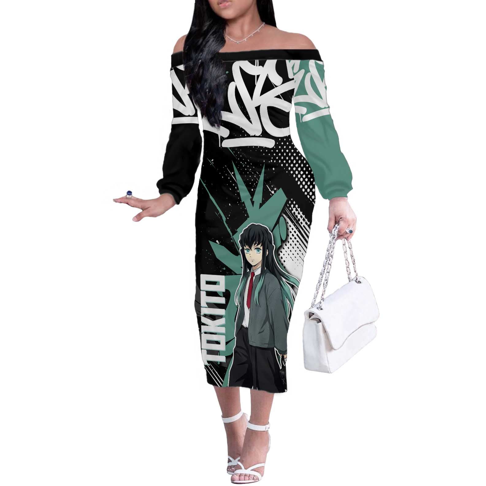Muichiro Tokito Demon Slayer Off The Shoulder Long Sleeve Dress Teal & Black Graffiti Anime
