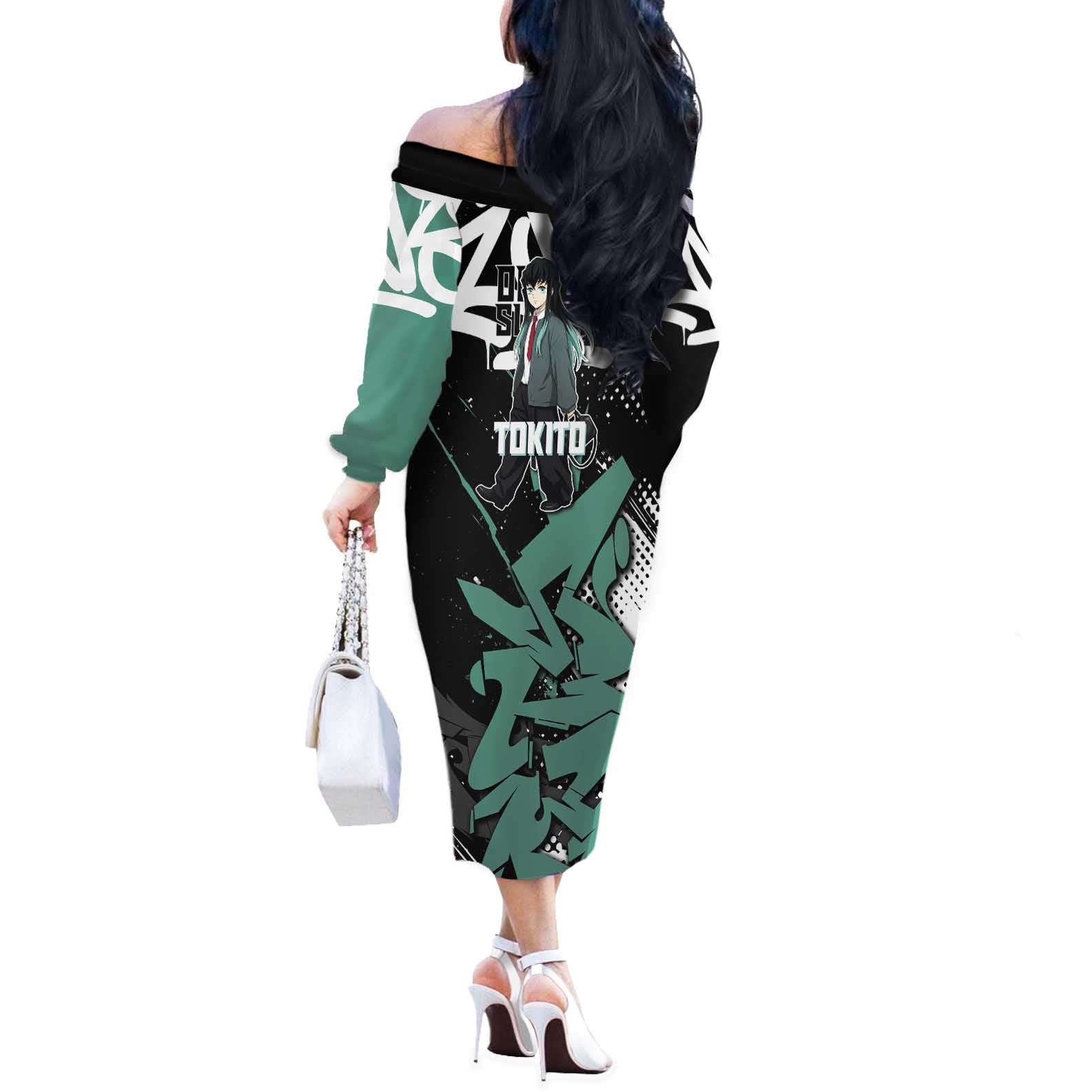 Muichiro Tokito Demon Slayer Off The Shoulder Long Sleeve Dress Teal & Black Graffiti Anime
