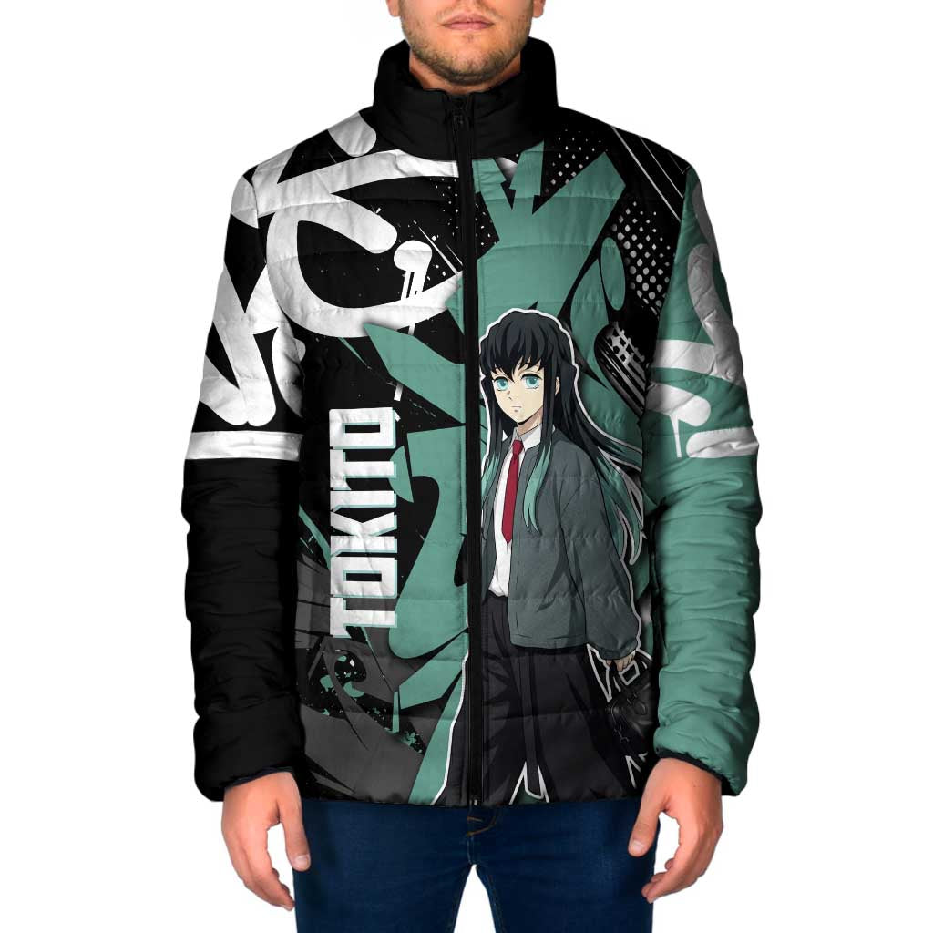 Muichiro Tokito Demon Slayer Padded Jacket Teal & Black Graffiti Anime
