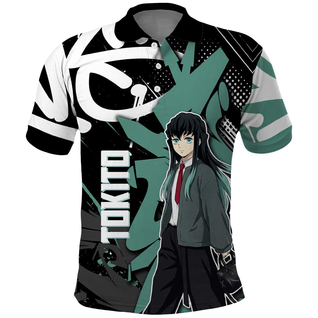 Muichiro Tokito Demon Slayer Polo Shirt Teal & Black Graffiti Anime