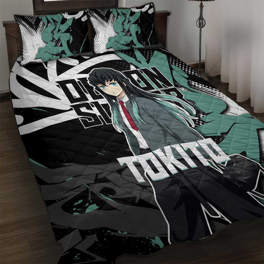 Muichiro Tokito Demon Slayer Quilt Bed Set Teal & Black Graffiti Anime
