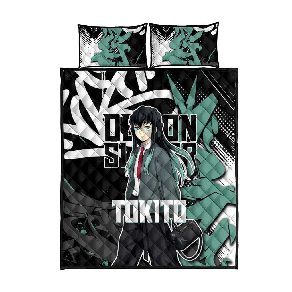 Muichiro Tokito Demon Slayer Quilt Bed Set Teal & Black Graffiti Anime