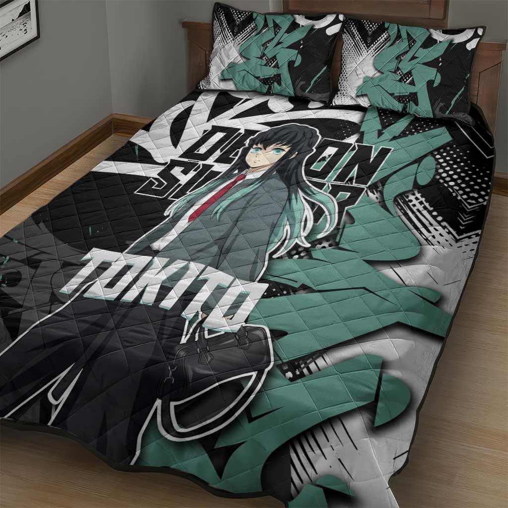 Muichiro Tokito Demon Slayer Quilt Bed Set Teal & Black Graffiti Anime