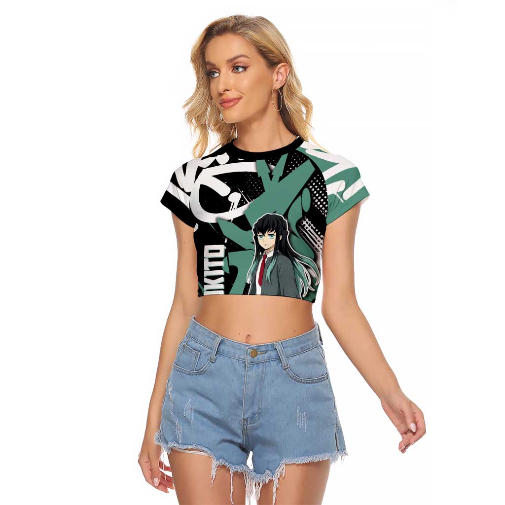Muichiro Tokito Demon Slayer Raglan Cropped T Shirt Teal & Black Graffiti Anime