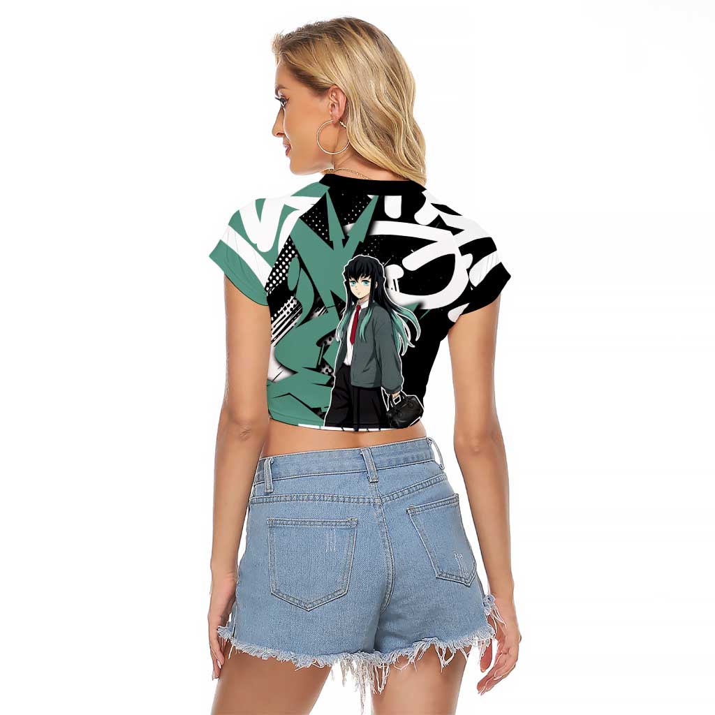 Muichiro Tokito Demon Slayer Raglan Cropped T Shirt Teal & Black Graffiti Anime