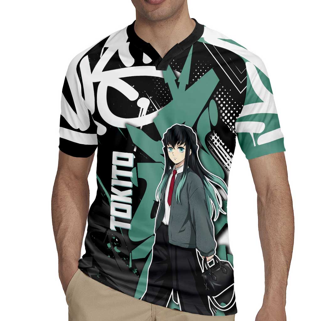 Muichiro Tokito Demon Slayer Rugby Jersey Teal & Black Graffiti Anime