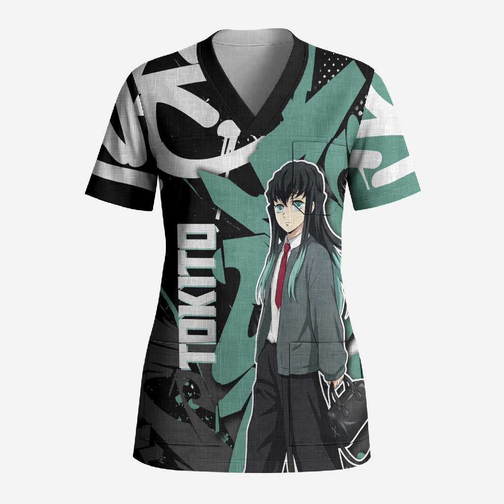 Muichiro Tokito Demon Slayer Scrub Top Teal & Black Graffiti Anime