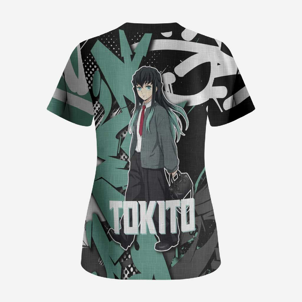 Muichiro Tokito Demon Slayer Scrub Top Teal & Black Graffiti Anime
