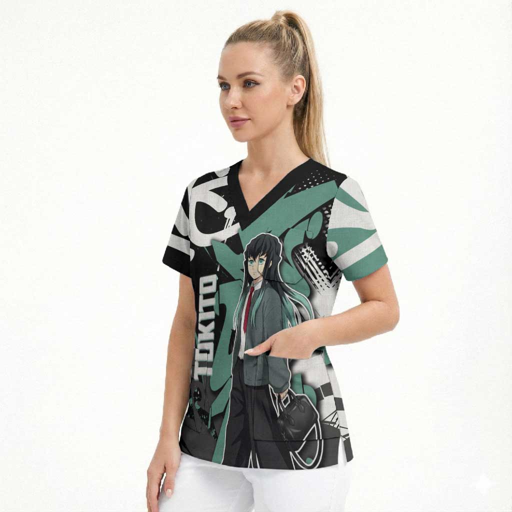 Muichiro Tokito Demon Slayer Scrub Top Teal & Black Graffiti Anime