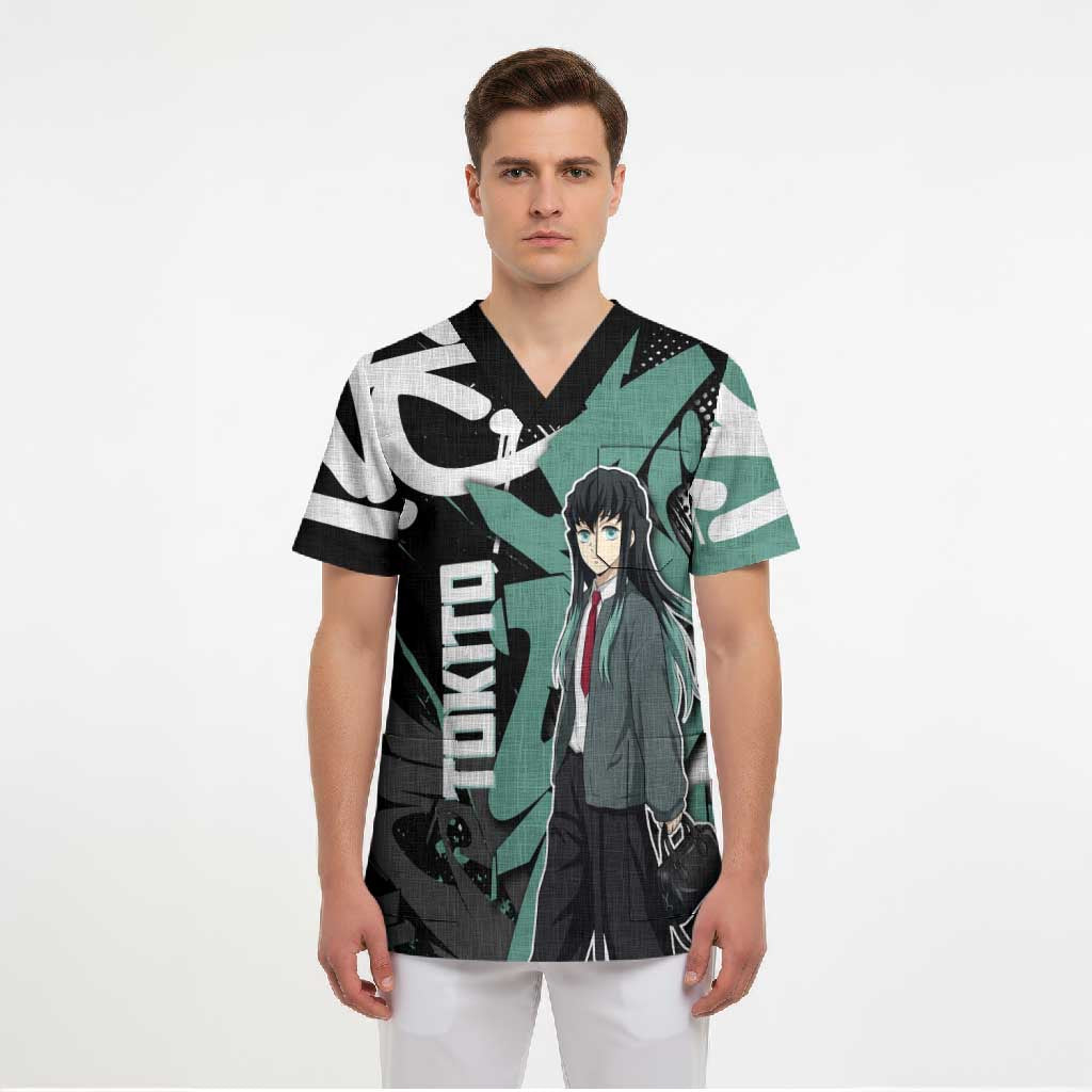 Muichiro Tokito Demon Slayer Scrub Top Teal & Black Graffiti Anime