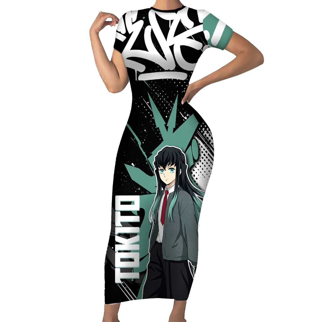 Muichiro Tokito Demon Slayer Short Sleeve Bodycon Dress Teal & Black Graffiti Anime