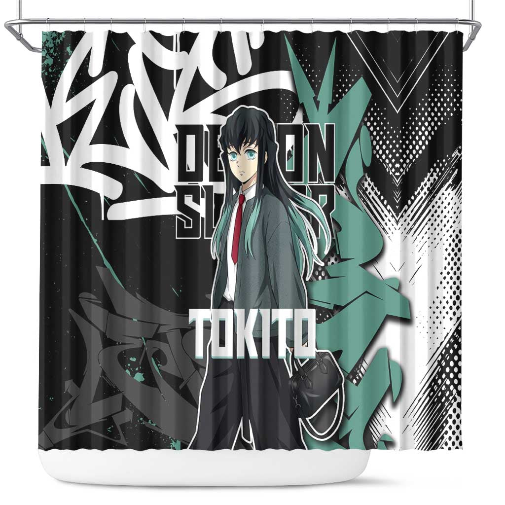 Muichiro Tokito Demon Slayer Shower Curtain Teal & Black Graffiti Anime