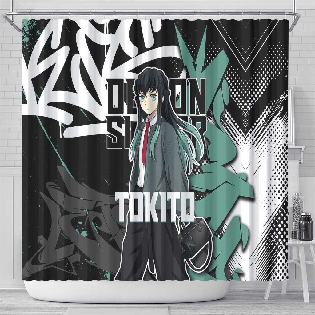 Muichiro Tokito Demon Slayer Shower Curtain Teal & Black Graffiti Anime