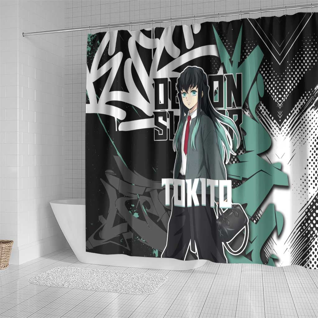 Muichiro Tokito Demon Slayer Shower Curtain Teal & Black Graffiti Anime