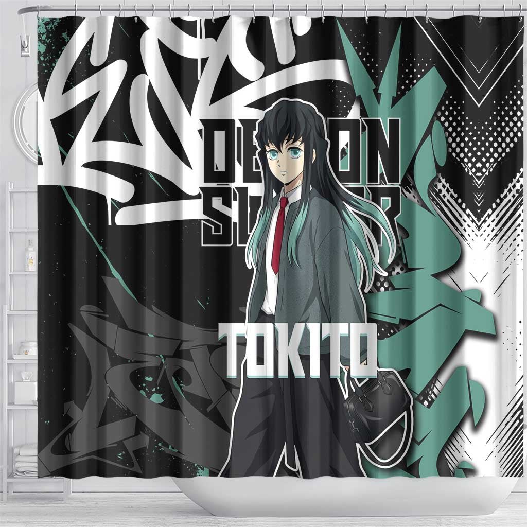 Muichiro Tokito Demon Slayer Shower Curtain Teal & Black Graffiti Anime