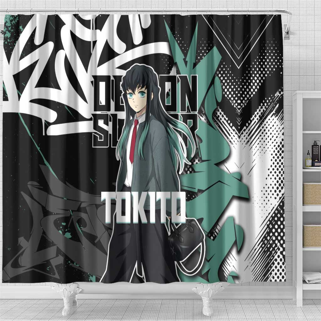 Muichiro Tokito Demon Slayer Shower Curtain Teal & Black Graffiti Anime