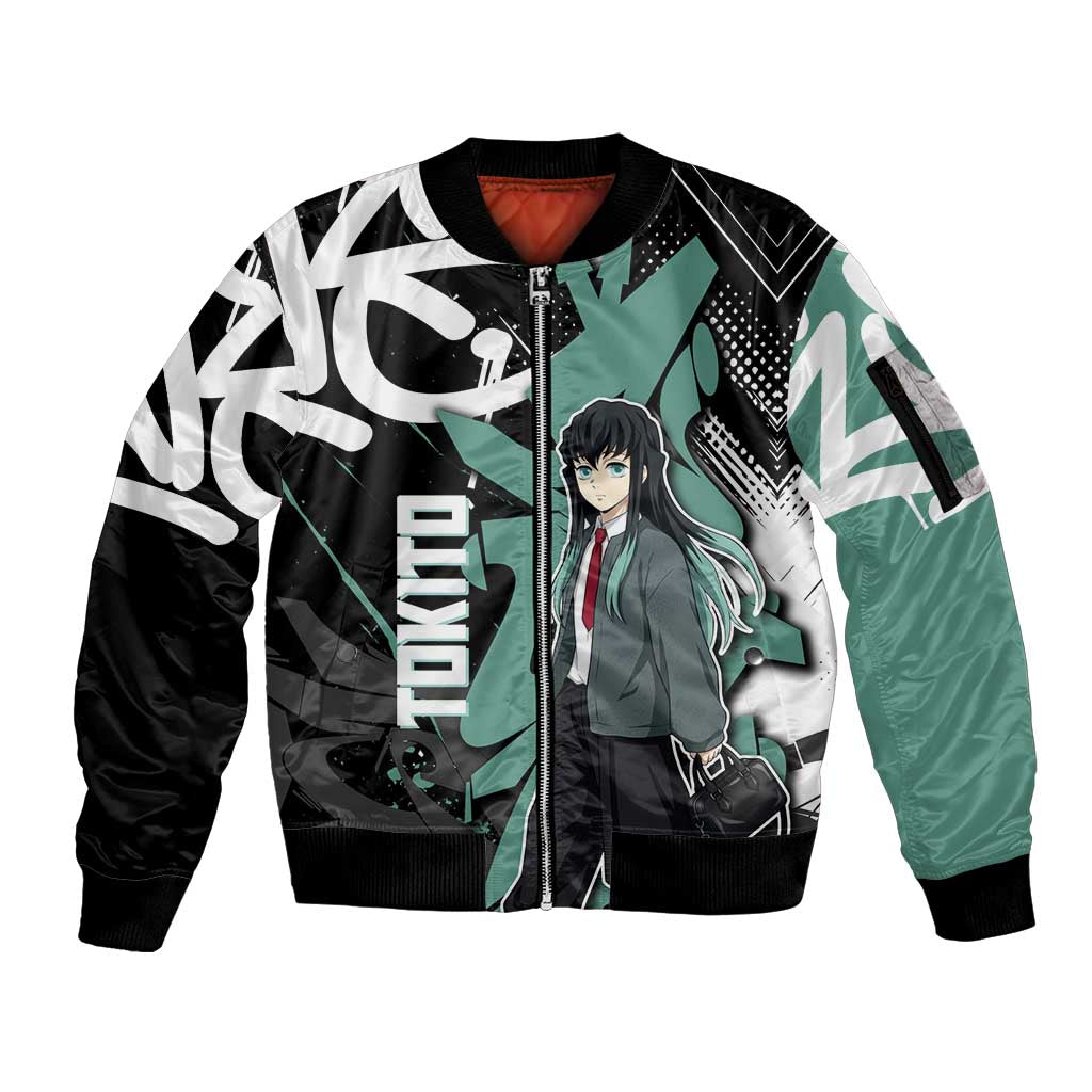 Muichiro Tokito Demon Slayer Sleeve Zip Bomber Jacket Teal & Black Graffiti Anime
