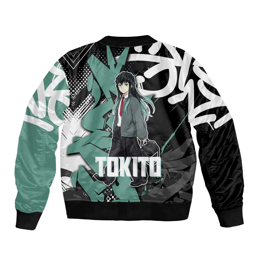 Muichiro Tokito Demon Slayer Sleeve Zip Bomber Jacket Teal & Black Graffiti Anime