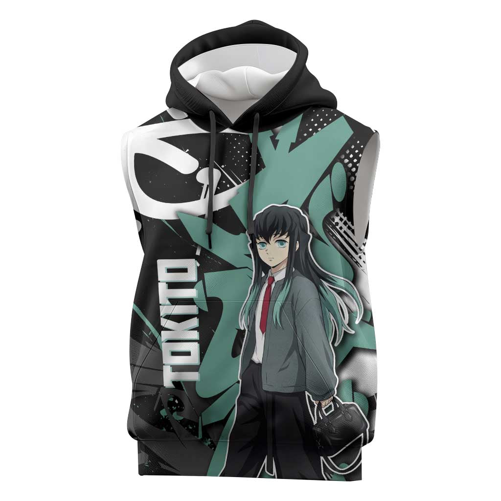 Muichiro Tokito Demon Slayer Sleeveless Hoodie Teal & Black Graffiti Anime