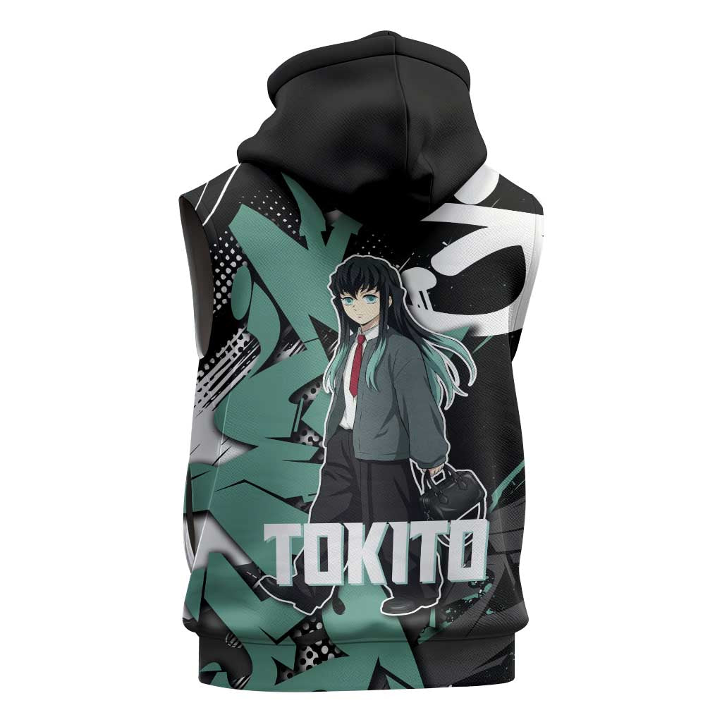 Muichiro Tokito Demon Slayer Sleeveless Hoodie Teal & Black Graffiti Anime
