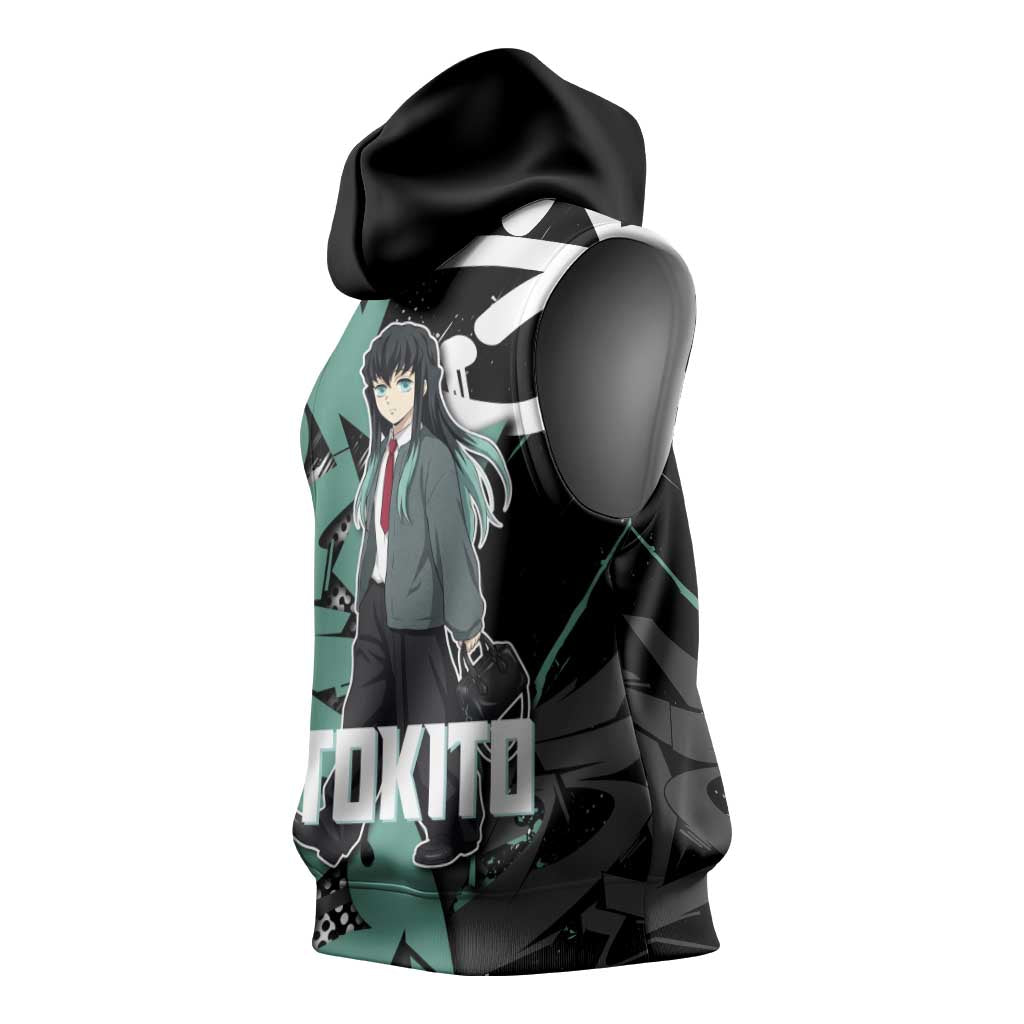 Muichiro Tokito Demon Slayer Sleeveless Hoodie Teal & Black Graffiti Anime