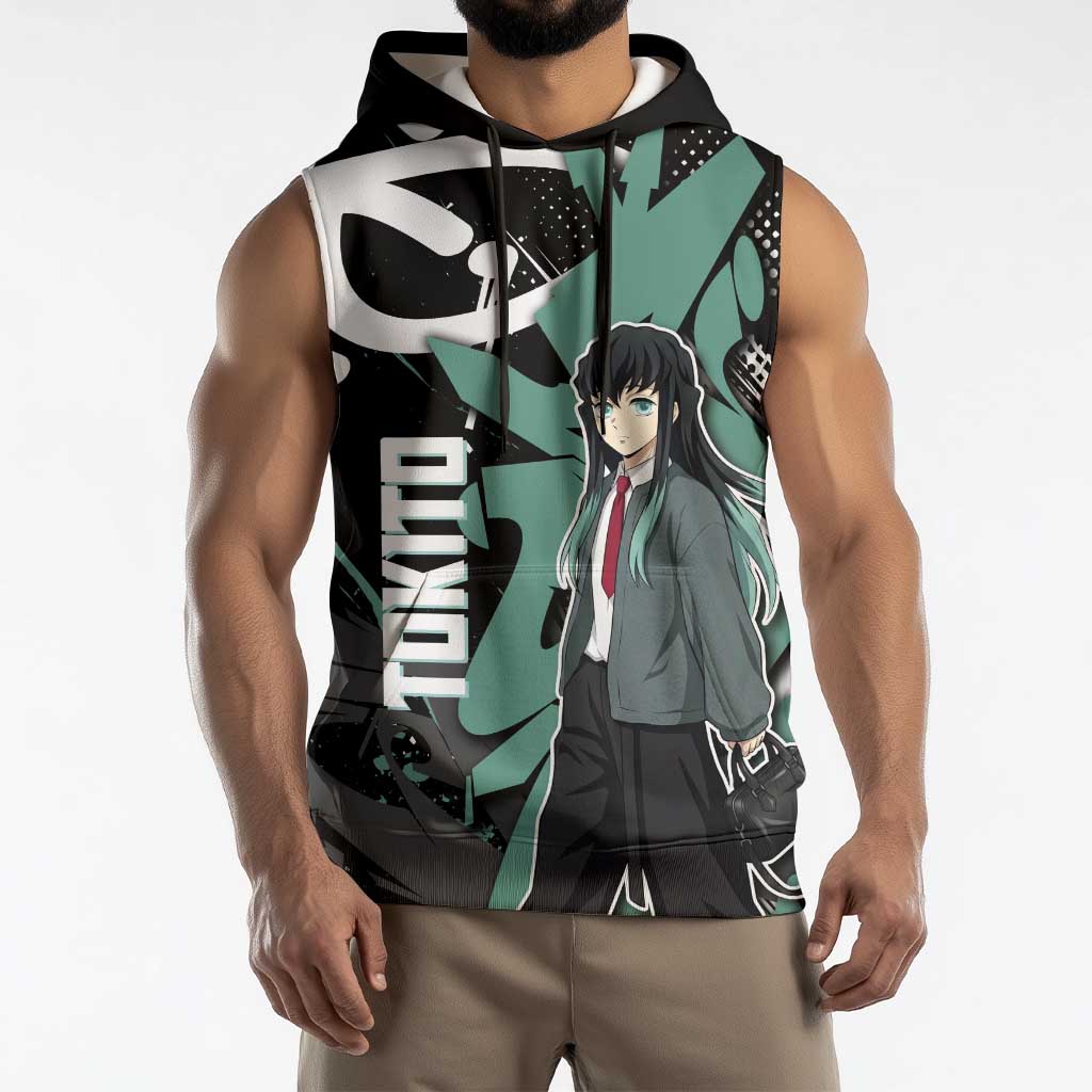 Muichiro Tokito Demon Slayer Sleeveless Hoodie Teal & Black Graffiti Anime