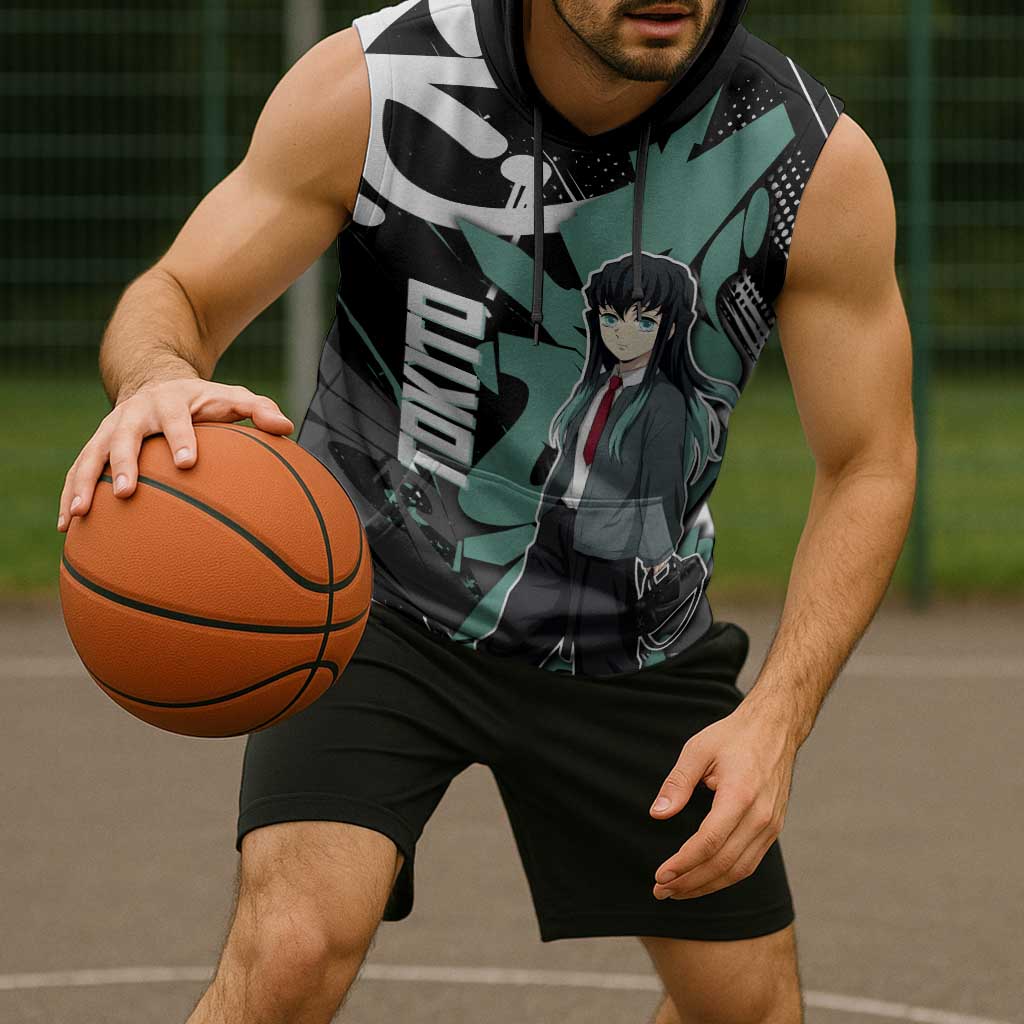 Muichiro Tokito Demon Slayer Sleeveless Hoodie Teal & Black Graffiti Anime