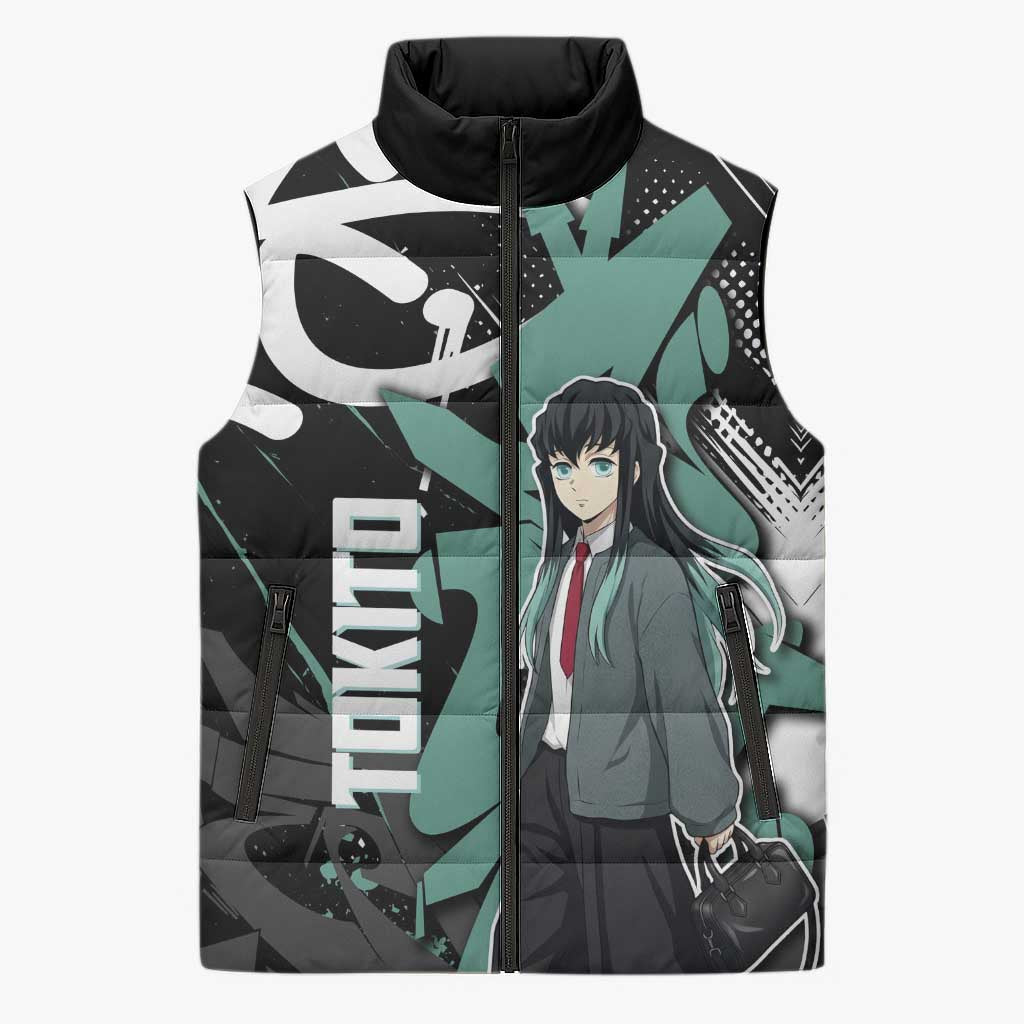 Muichiro Tokito Demon Slayer Sleeveless Puffer Jacket Teal & Black Graffiti Anime