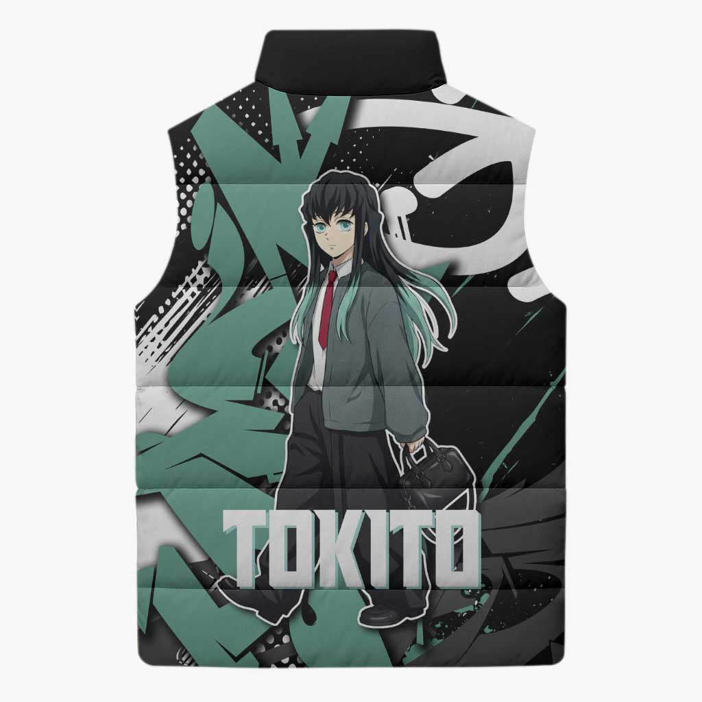 Muichiro Tokito Demon Slayer Sleeveless Puffer Jacket Teal & Black Graffiti Anime