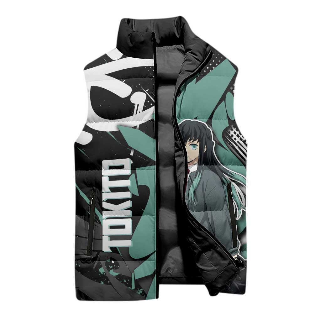 Muichiro Tokito Demon Slayer Sleeveless Puffer Jacket Teal & Black Graffiti Anime