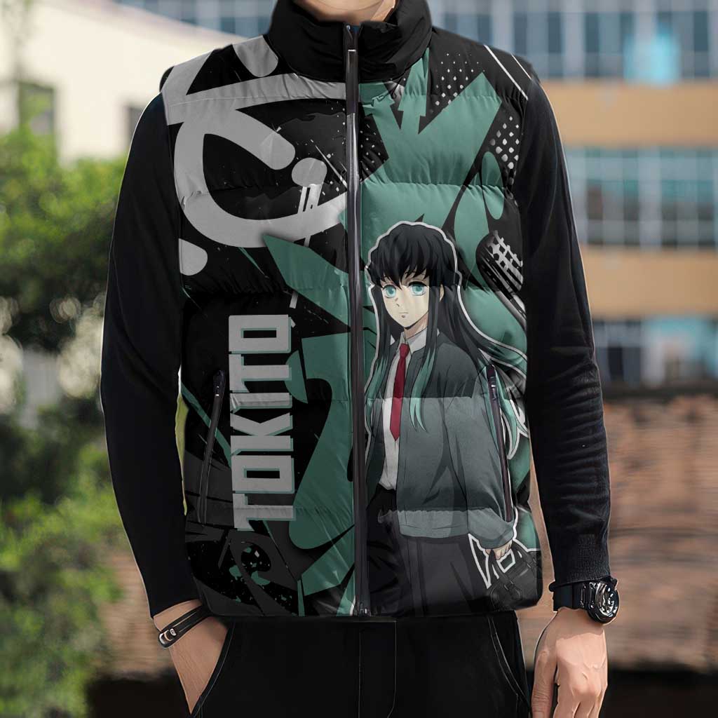 Muichiro Tokito Demon Slayer Sleeveless Puffer Jacket Teal & Black Graffiti Anime